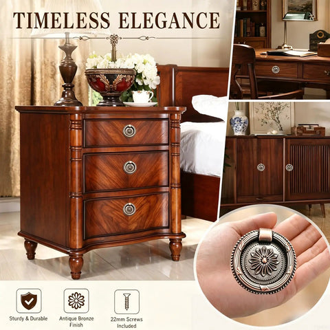6 Pcs Killer Copper Drop Ring Cabinet Handles Vintage Sunflower Brass Drawer Pulls Oil Rubbed Bronze Finish total kitchen upgrader with antique bronze finish on a dresser.