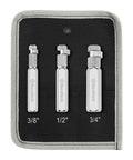 Internal Pipe And Nipple Extractor Set Three Piece Kit with 3/8, 1/2, 3/4 inch wrenches in organizer pouch for storage