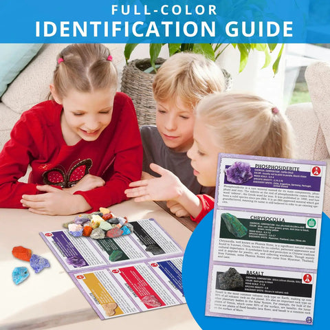 Children exploring Geology Starter Kit With 54 Piece Rock Collection Including Gemstones Crystals And Minerals Learning Book And ID Cards