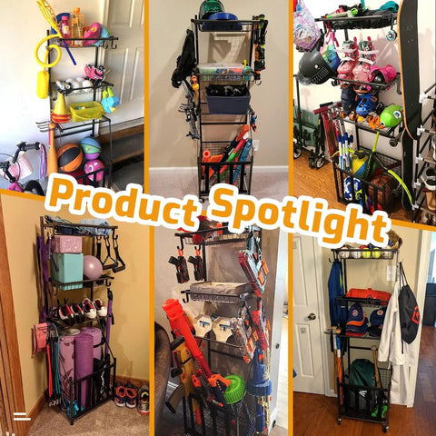 Alloy Steel 4 Tier Rolling Sports Equipment Storage Rack With Wire Mesh Shelves Ball Storage Organizer Removable Hooks