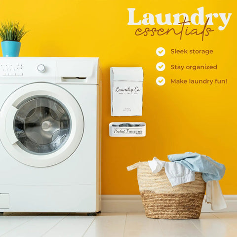 Dual Lint Bin Set For Laundry Room Wall Mounted Space Saving Dryer Sheets Holder And Vent Cleaner Organizer shown beside washing machine.