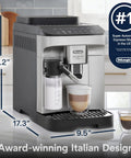 Magnifica Evo Automatic Espresso and Coffee Machine with Auto Milk Frother Built In Grinder Auto Clean Function Seven One Touch Drinks for Latte Cappuccino Americano Iced Coffee ECAM29084SB Silver on a kitchen countertop