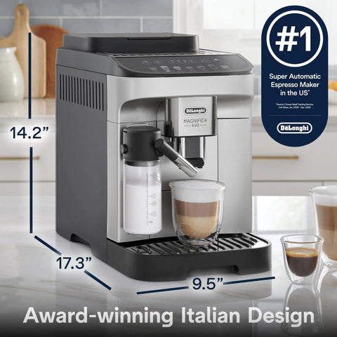 Magnifica Evo Automatic Espresso and Coffee Machine with Auto Milk Frother Built In Grinder Auto Clean Function Seven One Touch Drinks for Latte Cappuccino Americano Iced Coffee ECAM29084SB Silver on a kitchen countertop