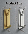 4 Pack Heavy Duty Peel And Stick Wall Hooks In Bright Gold Finish shown on wall with size dimensions for kitchen gear and tools.