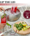 Large Double Wall Stainless Steel Ice Bucket With Lid And Tongs BPA Free Drink Cooler with fresh drinks and mint leaves.