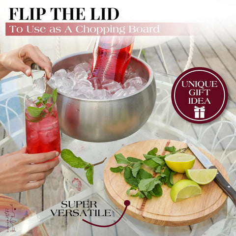 Large Double Wall Stainless Steel Ice Bucket With Lid And Tongs BPA Free Drink Cooler with fresh drinks and mint leaves.