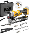 Cordless 12000 PSI Grease Gun With 39 Inch Hose, Dual Pistol And Inline Grip, Works With Bulk Or Cartridge Grease, Compatible With DeWalt 20V Batteries, Tool Only, shown with included accessories and carrying case.