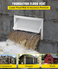 8x16 Inch Crawl Space Flood Vent Wall Mounted White Foundation Vent To Reduce Flood Risk And Damage For Crawl Spaces And Garages Bi Directional Design installed, water flowing through.
