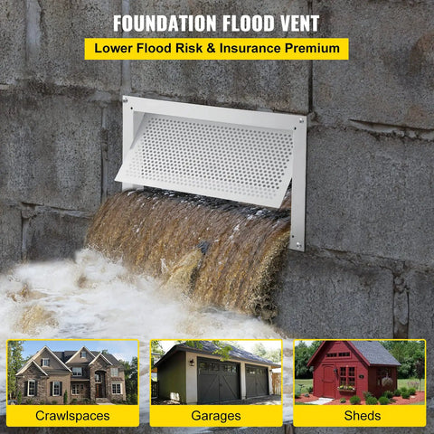 8x16 Inch Crawl Space Flood Vent Wall Mounted White Foundation Vent To Reduce Flood Risk And Damage For Crawl Spaces And Garages Bi Directional Design installed, water flowing through.