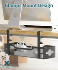Under Desk Cable Management Tray No Drill Clamp Mount Metal Mesh 2 Hole Cable Tray installed under wooden desk with office setup