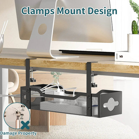 Under Desk Cable Management Tray No Drill Clamp Mount Metal Mesh 2 Hole Cable Tray installed under wooden desk with office setup