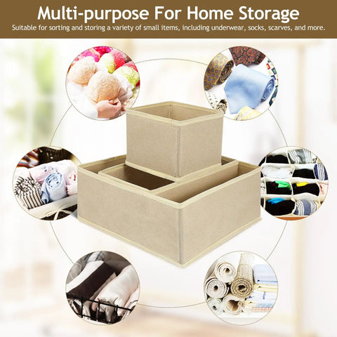 6 Piece Underwear Drawer Organizer Set Features Fold Flat Storage Bins for sorting socks, panties and shirts in beige fabric.