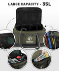 35L Tactical Camping Tote Organizer Duffel Bag, Waterproof Outdoor Storage With 3 Adjustable Dividers And Shoulder Strap in Army Green
