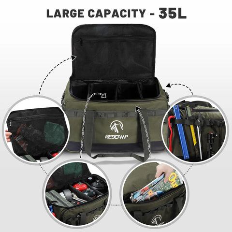 35L Tactical Camping Tote Organizer Duffel Bag, Waterproof Outdoor Storage With 3 Adjustable Dividers And Shoulder Strap in Army Green