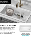 Stainless Steel Bottom Grid For 33 Inch Turino Drop In Undermount Fireclay Kitchen Sink Fits KFDW1-33GWH And KFDW1-33MGR Built To Last Heavy Duty T304 Construction shown with cookware inside a sink.