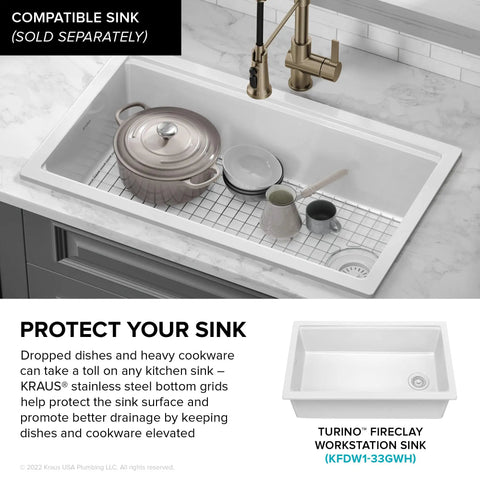 Stainless Steel Bottom Grid For 33 Inch Turino Drop In Undermount Fireclay Kitchen Sink Fits KFDW1-33GWH And KFDW1-33MGR Built To Last Heavy Duty T304 Construction shown with cookware inside a sink.