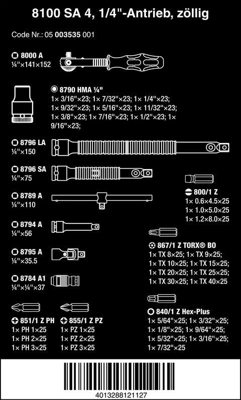 Diagram of Zyklop 8100 SA 4 Ratchet Set With 1 Quarter Inch Drive, detailing each of the 41 pieces included in the master kit.
