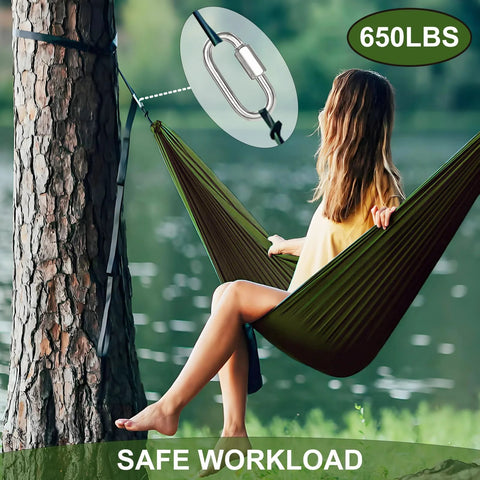 Woman relaxing in hammock secured with Fifty 2 Inch Chain Quick Links Set M5 Galvanized Steel Heavy Duty Carabiner Clips