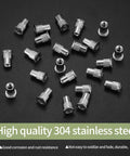 Heavy Duty M5 Rivet Nut Kit, Top Tier Stainless Steel Threaded Inserts With Knurled Grip, assorted flat head nutserts on black background.