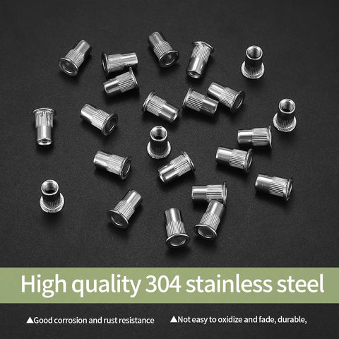 Heavy Duty M5 Rivet Nut Kit, Top Tier Stainless Steel Threaded Inserts With Knurled Grip, assorted flat head nutserts on black background.