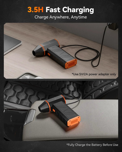 MegaFlow 50 Compressed Air Duster With 110000 RPM Turbo Power charging setup on desk and car seat
