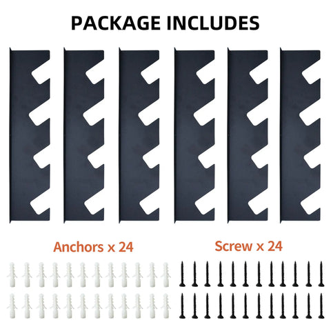 Package contents for Heavy Duty Wall Mount Garage Tool Organizer Rack For No Fuss Long Handled Gear Like Shovels Rakes And Brooms, 250 lbs capacity