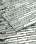 Close-up of Peel And Stick Mirror Tile Strips Mosaic For Kitchen Backsplash, Silver Crystal Glass Tiles, DIY Easy Install, 12x10 Inches, 5 Sheets
