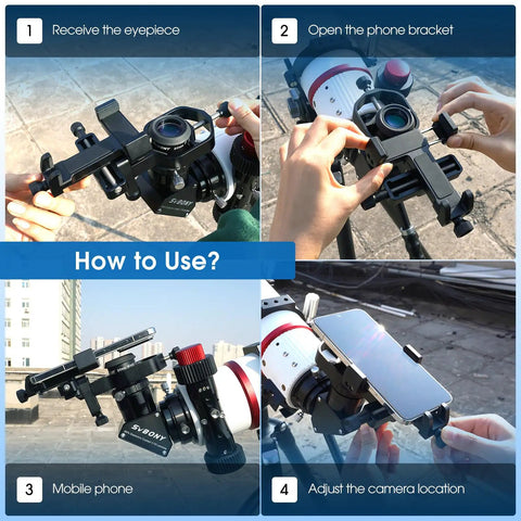 Step-by-step guide using Universal Phone Adapter for Telescope and Spotting Scope with 3 Axis Adjustable Holder and Remote.