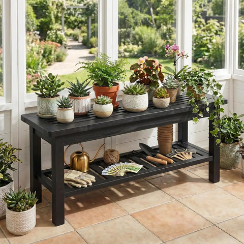 Rugged Rustic Storage Bench With Solid Wood Seat And Slatted Shelf Indoor Outdoor Shoe Rack 450 Lb Capacity Black 40 Inch Bench with potted plants