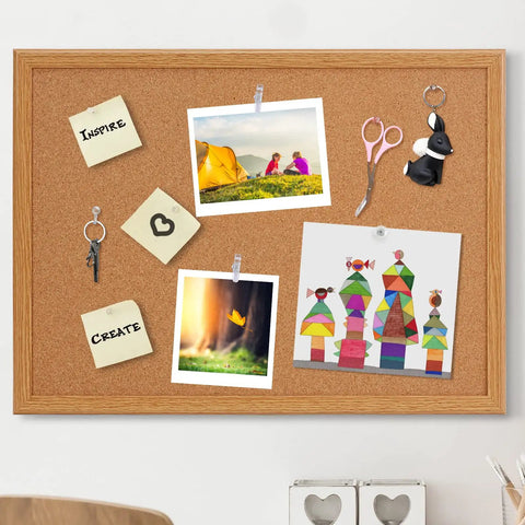 235 Piece Push Pin And Thumb Tack Assortment Kit With Clear Clips Rose Gold Hooks and map markers on a cork bulletin board.