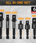 Impact Socket Adapter Set, 6-Piece with 3-Inch Extension Bit and Holder, shown with various drive sizes and lengths.