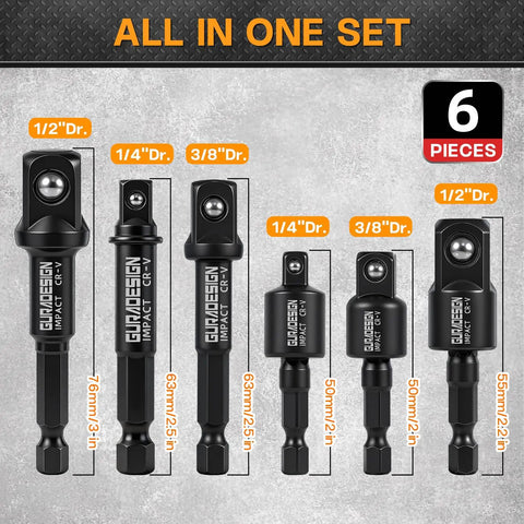 Impact Socket Adapter Set, 6-Piece with 3-Inch Extension Bit and Holder, shown with various drive sizes and lengths.
