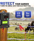 12KV Electric Fence Charger With LED Indicator, 15 KM Range, 2J Output for livestock fences, attached to wooden post