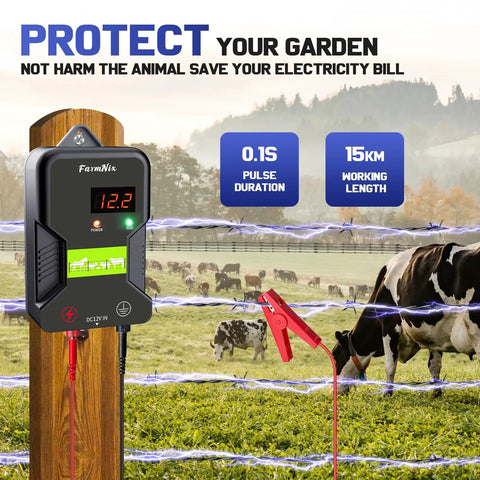 12KV Electric Fence Charger With LED Indicator, 15 KM Range, 2J Output for livestock fences, attached to wooden post