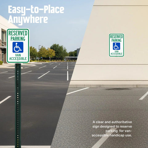 Heavy Duty 18X12 Reserved Parking Van Accessible Handicapped Metal Sign on post in outdoor parking lot for van accessibility.