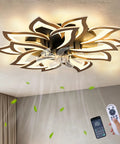 35" Large Flower Flush Mount Ceiling Fan with Light, Modern Low Profile shown in elegant living room with remote control.
