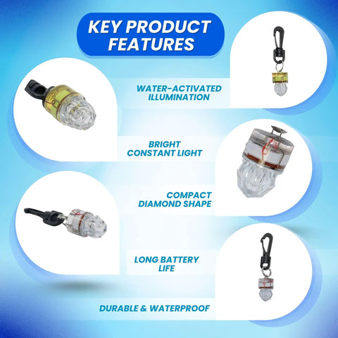 Key features of Diamond Shape Water Activated LED Safety Flash Light With Clip Mini Waterproof White Light For Night Dives.
