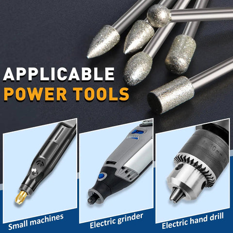 20 Pcs 120 Grit Diamond Grinding Bits for stone and glass fitting rotary tools, shown with power tools and shank details.