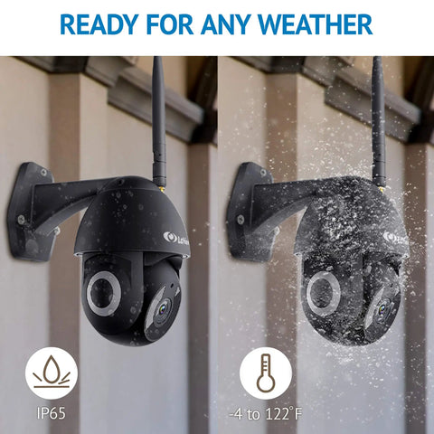 Outdoor Security Camera 1080P HD WiFi Pan Tilt 360 View With Night Vision And Two Way Audio IP65 Weatherproof mounted on wall.