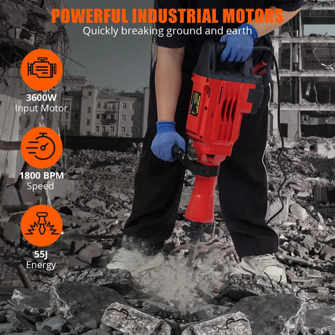 Solid Build Heavy Duty Electric Jack Hammer Concrete Breaker Demolition Rig for Ripping Through Slabs in action breaking concrete.