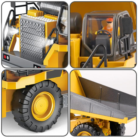 Collage of remote control dump truck toy with metal bed and lights and sounds; operator cab, rugged wheels, tilting bed visible.