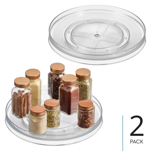 Two clear 11 Inch Round Lazy Susan Organizer For Kitchen And Pantry Storage Set Of 2 Smooth Rotating Turntables with spices.