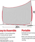 Illustration of 20x10 Ft Sports Net Backstop with 200 Sq Ft Coverage, assembly benefits highlighted, easy setup and portable.