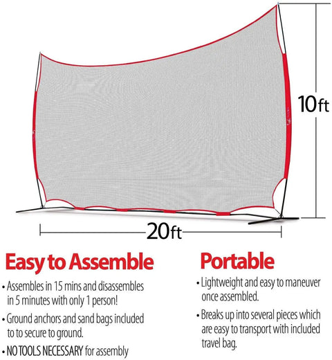 Illustration of 20x10 Ft Sports Net Backstop with 200 Sq Ft Coverage, assembly benefits highlighted, easy setup and portable.