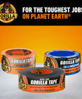 Gorilla Tape in black, crystal clear, and all-weather variants, with slogan 'For the toughest jobs on planet Earth.'