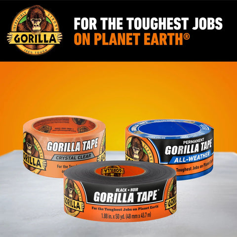 Gorilla Tape in black, crystal clear, and all-weather variants, with slogan 'For the toughest jobs on planet Earth.'