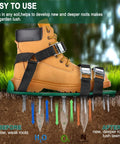 Lawn Aerator Shoes With 26 Spikes For Easy Yard Aeration And Deep Soil Breathing, side view showing spikes and straps on soil.