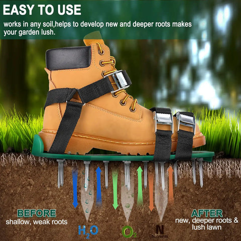 Lawn Aerator Shoes With 26 Spikes For Easy Yard Aeration And Deep Soil Breathing, side view showing spikes and straps on soil.