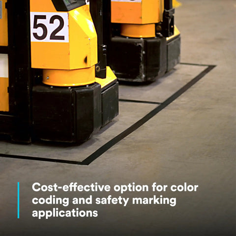 Yellow machinery with white vinyl tape marking boundary for color coding and safety, Vinyl Tape 764 General Purpose White 3 Inch By 36 Yard Roll For Easy Grab And Go Light Traffic Floor Marking Social Distancing Color Coding Safety Bundling Queuing Lanes Retail And Office Use.