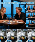 Comparison of image quality and zoom levels with Dope 8K Camcorder With 88MP Ultra HD Video, highlighting couple at dinner, 2025 model.
